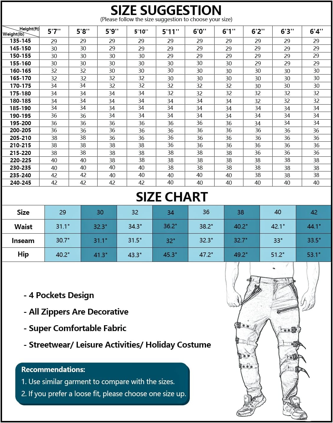 Men'S Fashion Hiphop Rock Punk Gothic Pants Techwear Sport Hiking Riding Cotton Casual Cargo Pants K013 Black 34