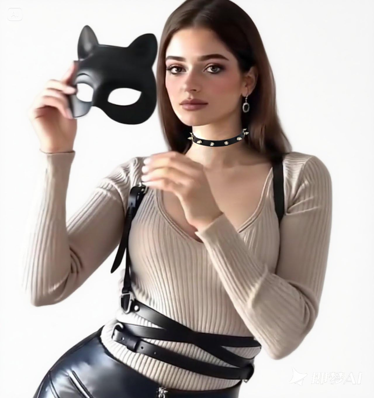 Cat Woman Costume Accessories for Women - Halloween Mask, Punk Gloves, Choker Outfit Set for Adult Cosplay Party
