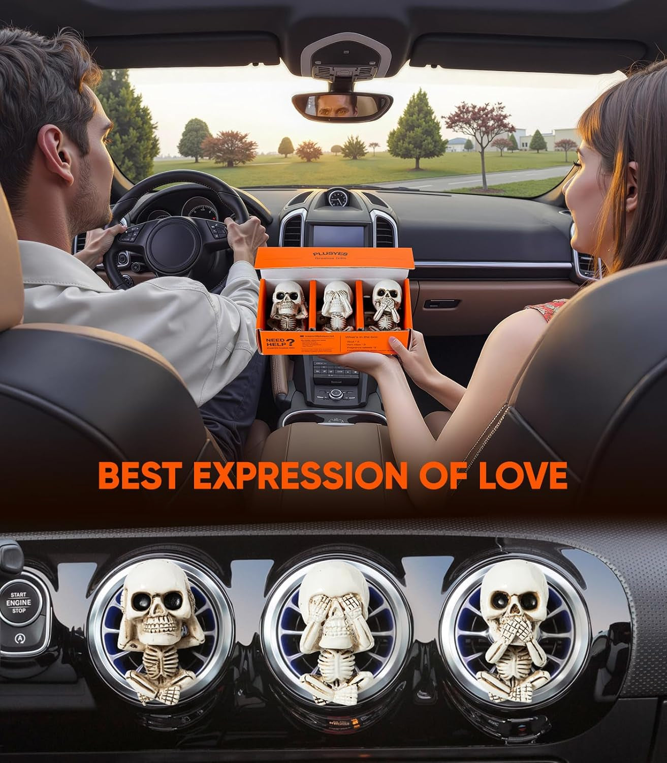 Skull Decor Car Air Freshener Vent Clips, Goth Decor Interior, Gothic Funny Decoration Halloween Horror Skeleton Car Accessories, Skull Stuff Spooky Gifts for Men Women Teens