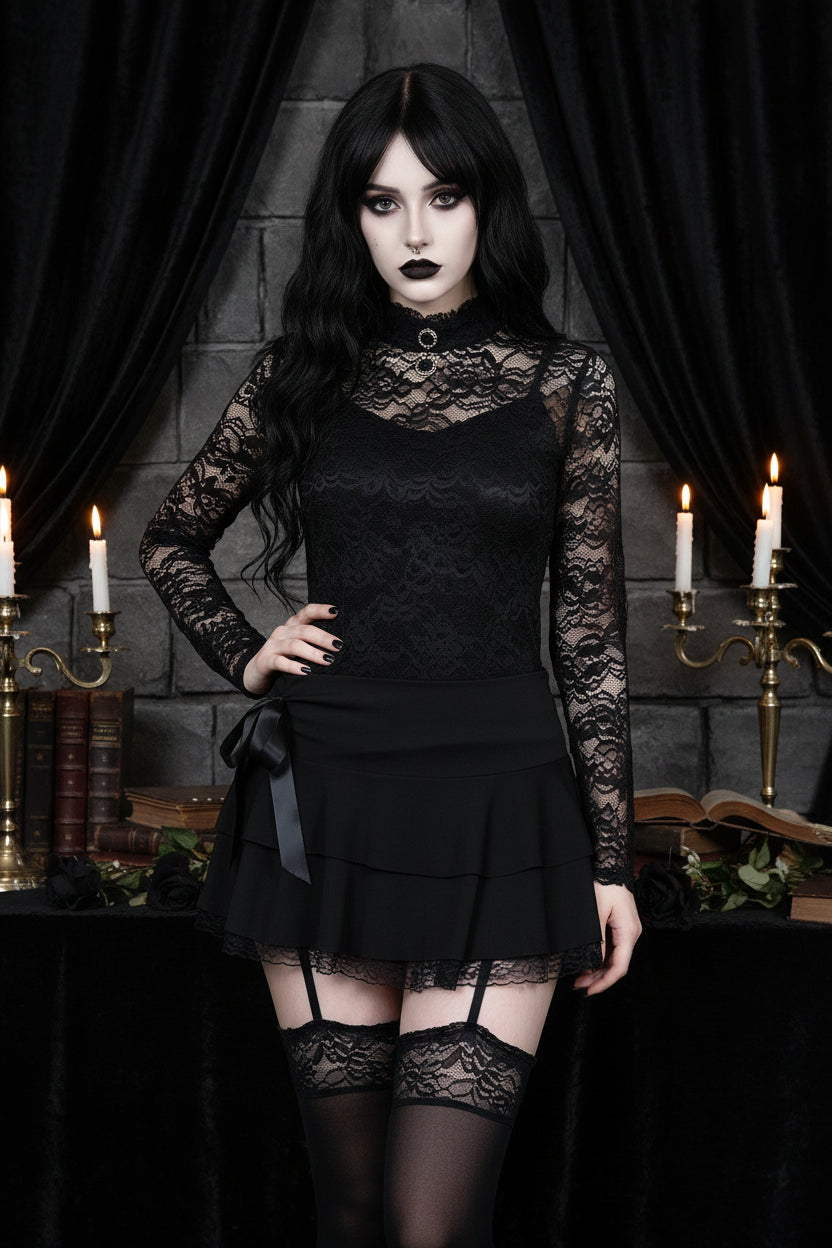 Goth Y2K Black Lace Trim Bow a Line Mini Skirt Women Korean Streetwear