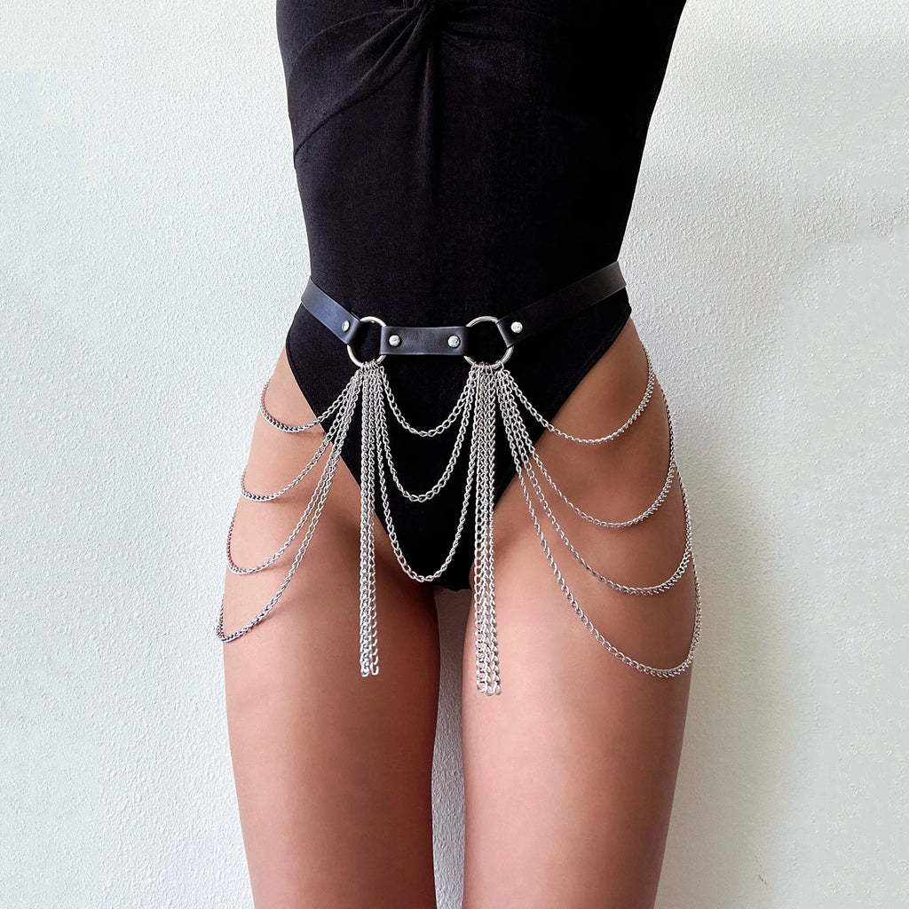 Layered Leather Belt with Chains Body Harness Sexy Waist Goth Accessories Strap Adjustable Festival Girls Jewelry