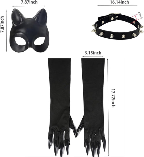 Cat Woman Costume Accessories for Women - Halloween Mask, Punk Gloves, Choker Outfit Set for Adult Cosplay Party
