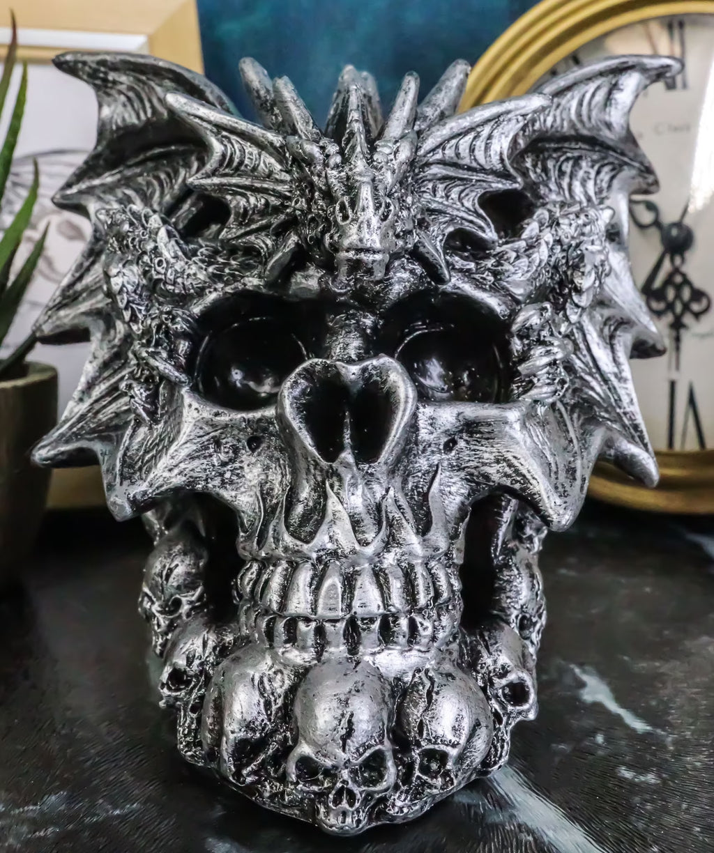Flying Dragon on Ossuary Morphing Skull with Celtic Tribal Patterns Figurine