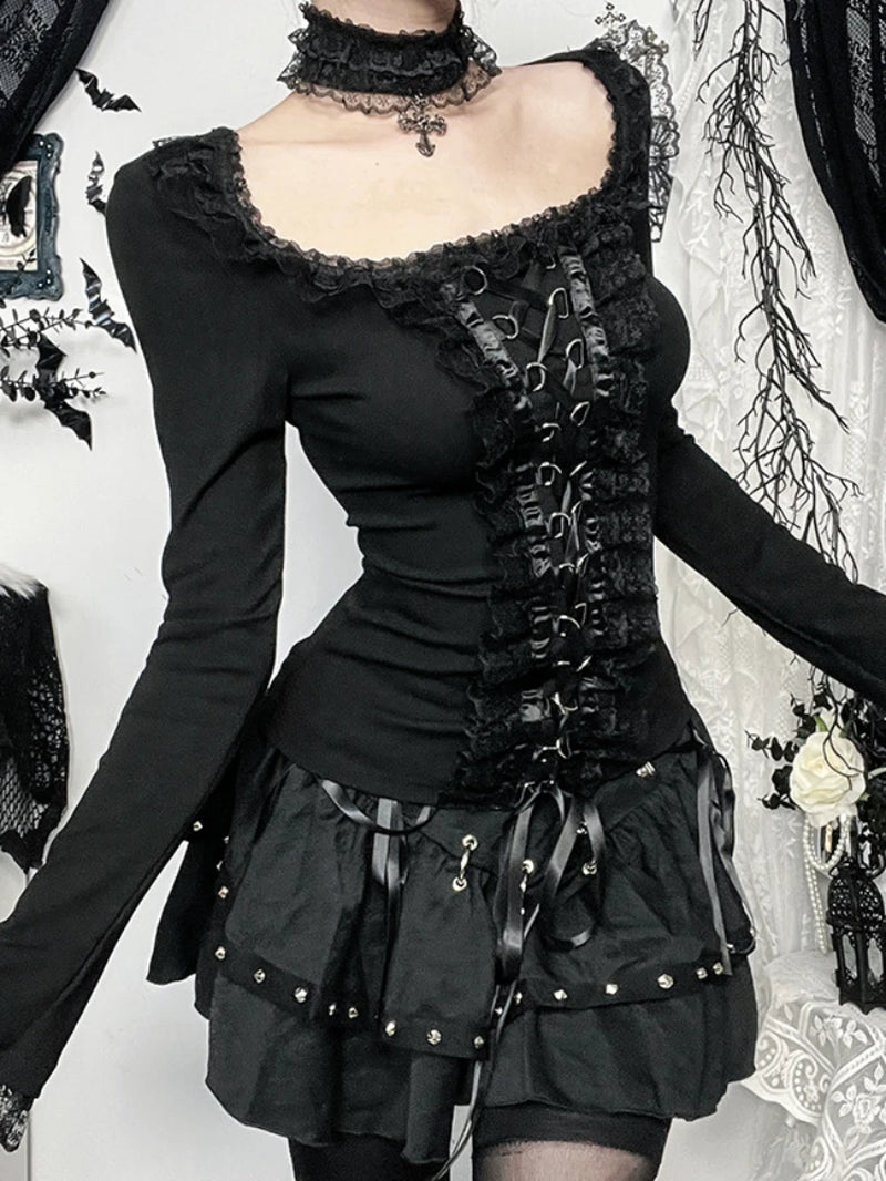 Goth Black Lace Trim Long Sleeve T-Shirts Vintage Sexy Lace-Up Square Collar Tops with Choker Cross Women Autumn Tees