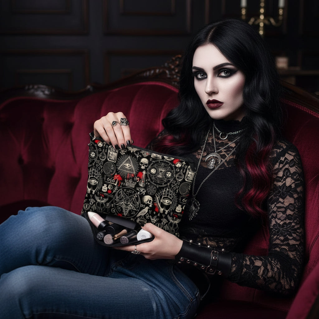1Pc Gothic Makeup Bag with Gothic Symbols (Pentagrams, Skulls, Bats, Occult) - Black & Red Gothic Cosmetic Case
