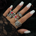 2 Styles Gothic Halloween Creative Skull Red Heart Rhinestone Open Rings Women Vintage Silver Color Finger Ring Jewelry