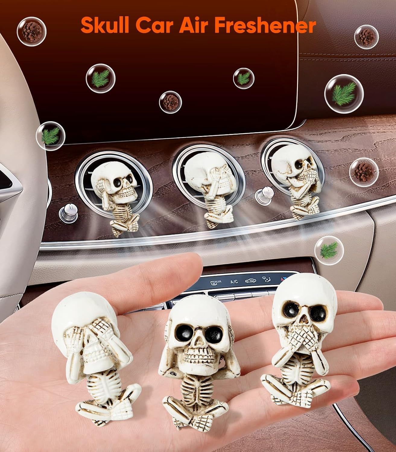 Skull Decor Car Air Freshener Vent Clips, Goth Decor Interior, Gothic Funny Decoration Halloween Horror Skeleton Car Accessories, Skull Stuff Spooky Gifts for Men Women Teens