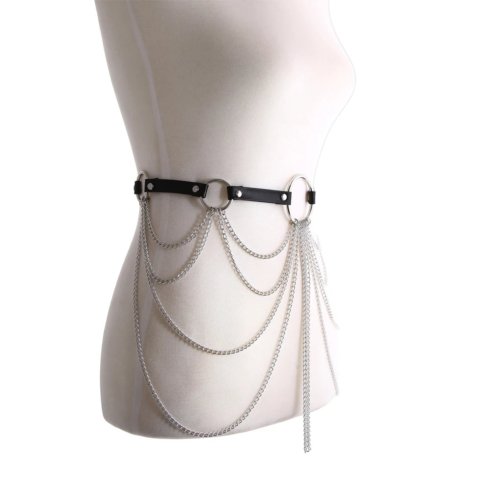 Layered Leather Belt with Chains Body Harness Sexy Waist Goth Accessories Strap Adjustable Festival Girls Jewelry