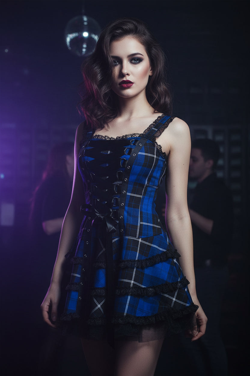 Women'S plus Size Steampunk Goth Dress Sleeveless Casual Plaid Dresses Vintage Lace up Dresses S,M,L,XL,XXL,XXXL,XXXXL,XXXXXL