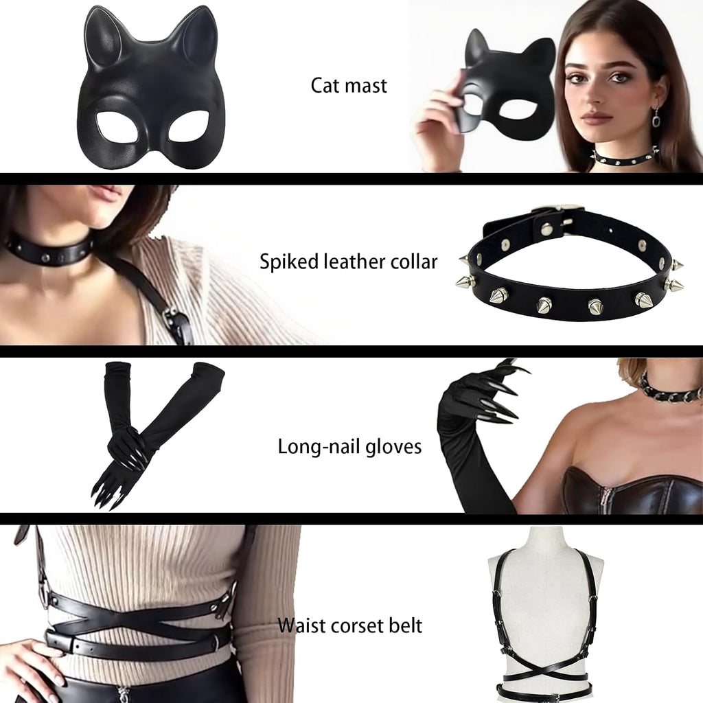 Cat Woman Costume Accessories for Women - Halloween Mask, Punk Gloves, Choker Outfit Set for Adult Cosplay Party