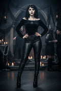 Women'S Faux Leather Leggings Gothic Punk Skinny PU Leather Pants Mid Rise Novelty Studded Tight Pants