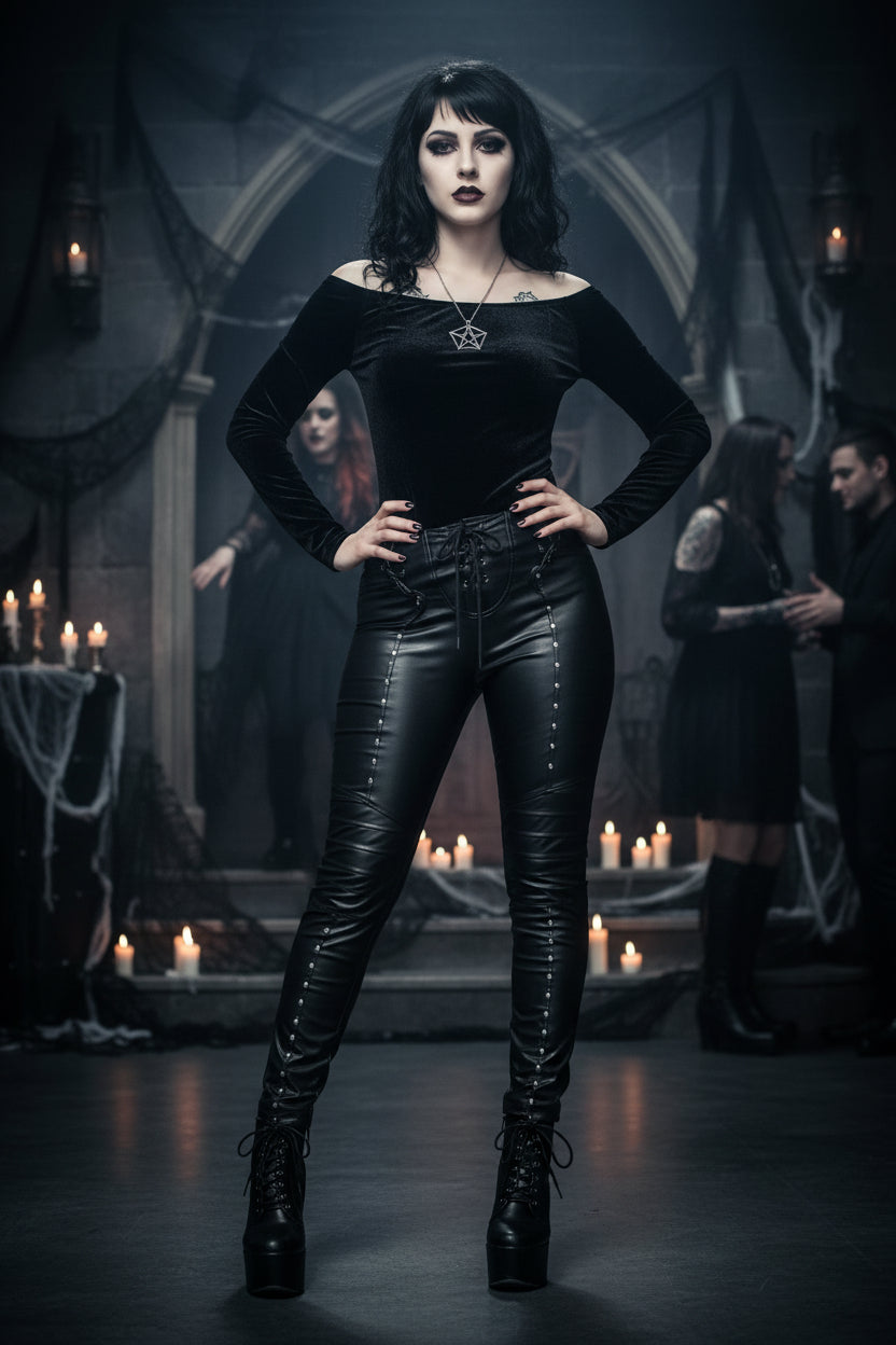 Women'S Faux Leather Leggings Gothic Punk Skinny PU Leather Pants Mid Rise Novelty Studded Tight Pants