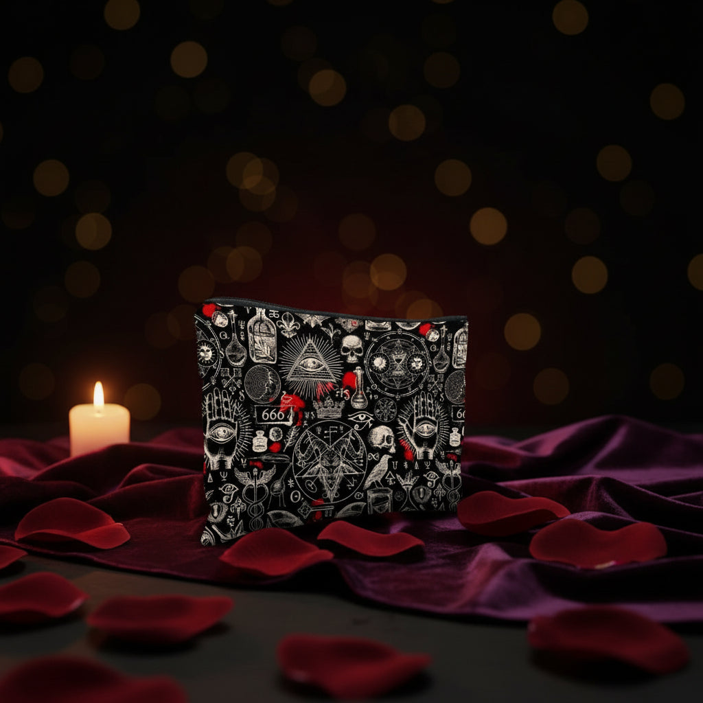 1Pc Gothic Makeup Bag with Gothic Symbols (Pentagrams, Skulls, Bats, Occult) - Black & Red Gothic Cosmetic Case