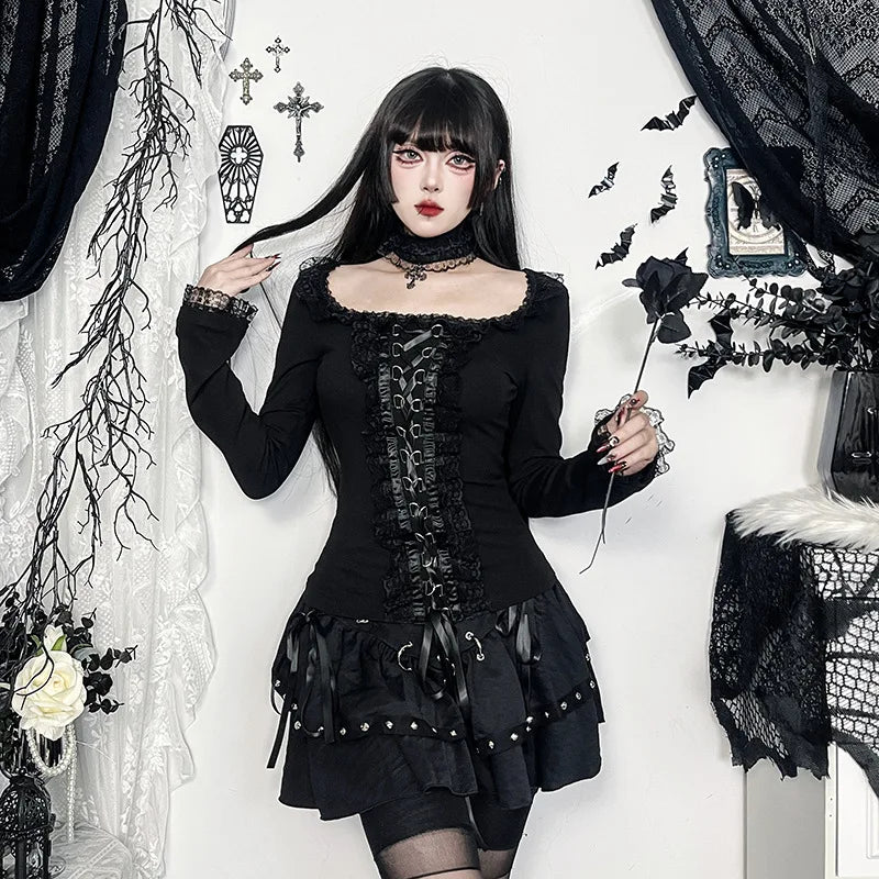 Goth Black Lace Trim Long Sleeve T-Shirts Vintage Sexy Lace-Up Square Collar Tops with Choker Cross Women Autumn Tees