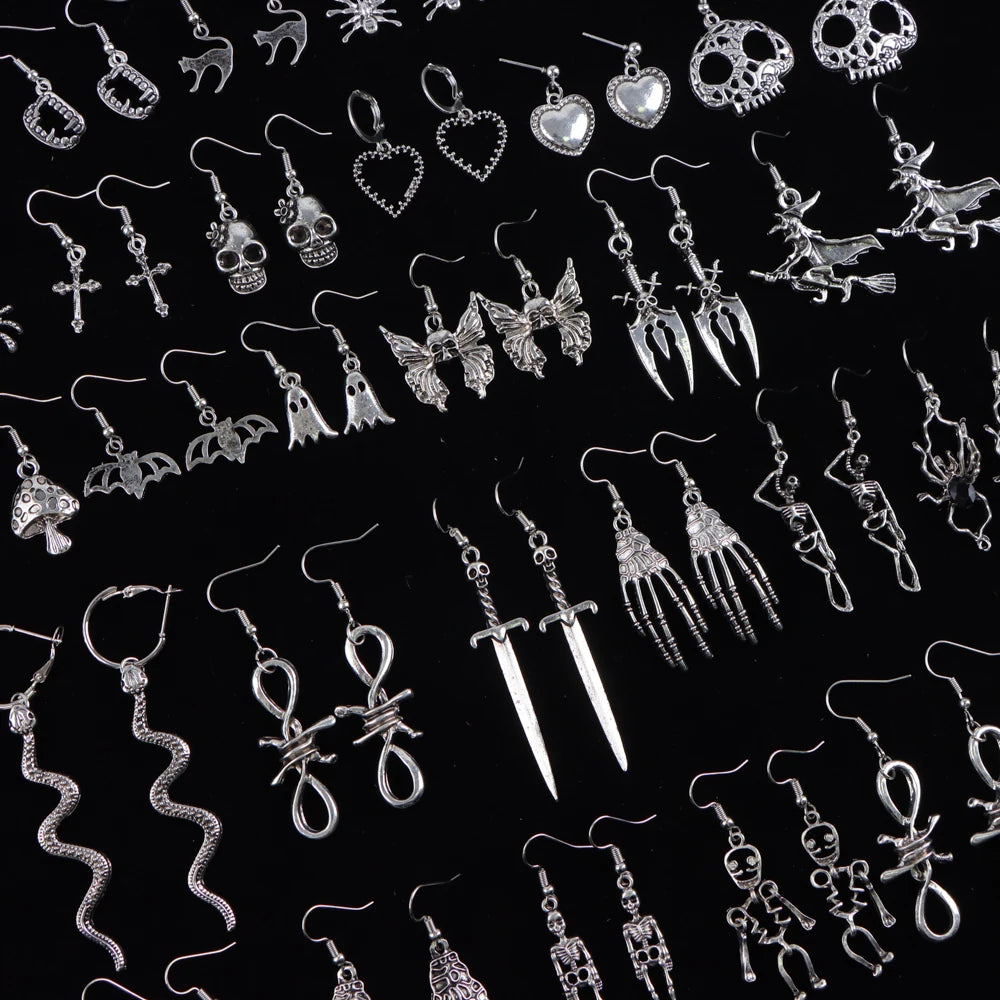 20Pairs/Lot Punk Gothic Skull Heart Drop Dangle Earrings for Women Female Retro Fashion Hip Hop Mix Style Jewelry Party Gifts
