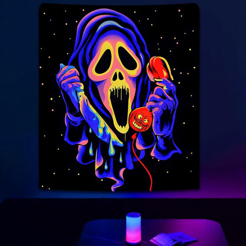 Blacklight Horror Skull UV Reactive Tapestry - Neon Glow in the Dark Spooky Wall Hanging for Bedroom & Living Room, Perfect for Party Backdrops - 51" X 59"