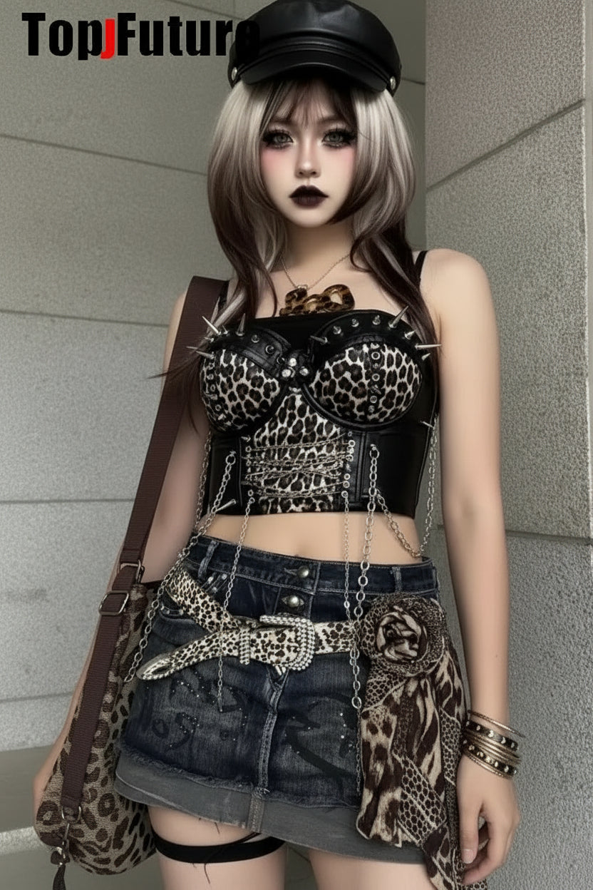 Women Gothic Lolita Punk Harajuku Leopard Goth Y2K Girl Cross Spike Trim Crop Tops Rivet Skeleton Metal Chain Steampunk Tank Top