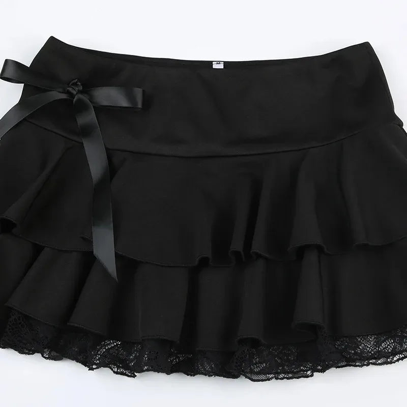 Goth Y2K Black Lace Trim Bow a Line Mini Skirt Women Korean Streetwear