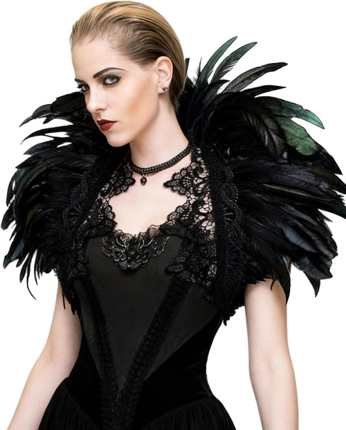 Black Feather Shrug Cape Shoulder Wrap Lace Collar Halloween Costumes for Women
