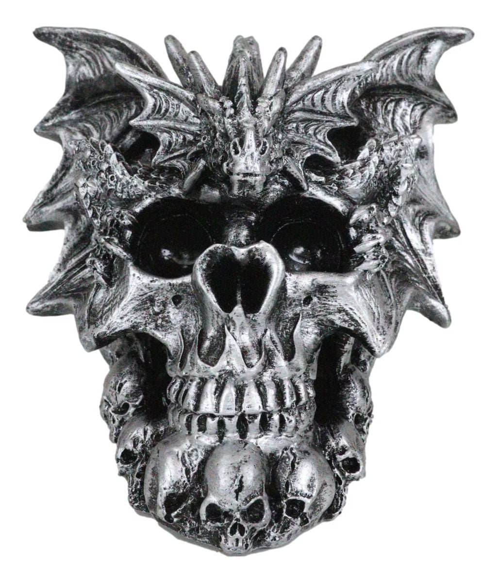 Flying Dragon on Ossuary Morphing Skull with Celtic Tribal Patterns Figurine