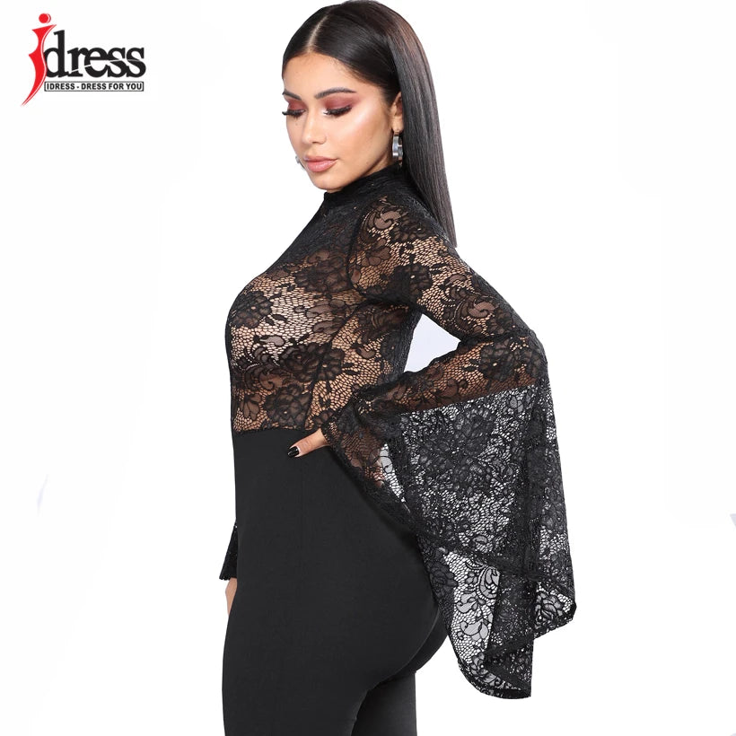 HBLL Women Shorts Rompers Elegant Sexy Black Lace One Piece Bodycon Bodysuit Body Femme Manche Longue Women Lace Bodysuit