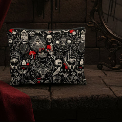 1Pc Gothic Makeup Bag with Gothic Symbols (Pentagrams, Skulls, Bats, Occult) - Black & Red Gothic Cosmetic Case