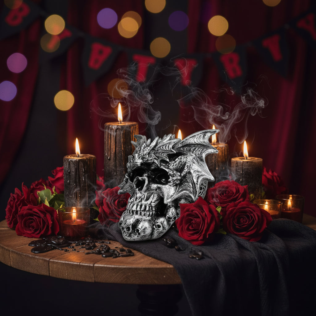 Flying Dragon on Ossuary Morphing Skull with Celtic Tribal Patterns Figurine