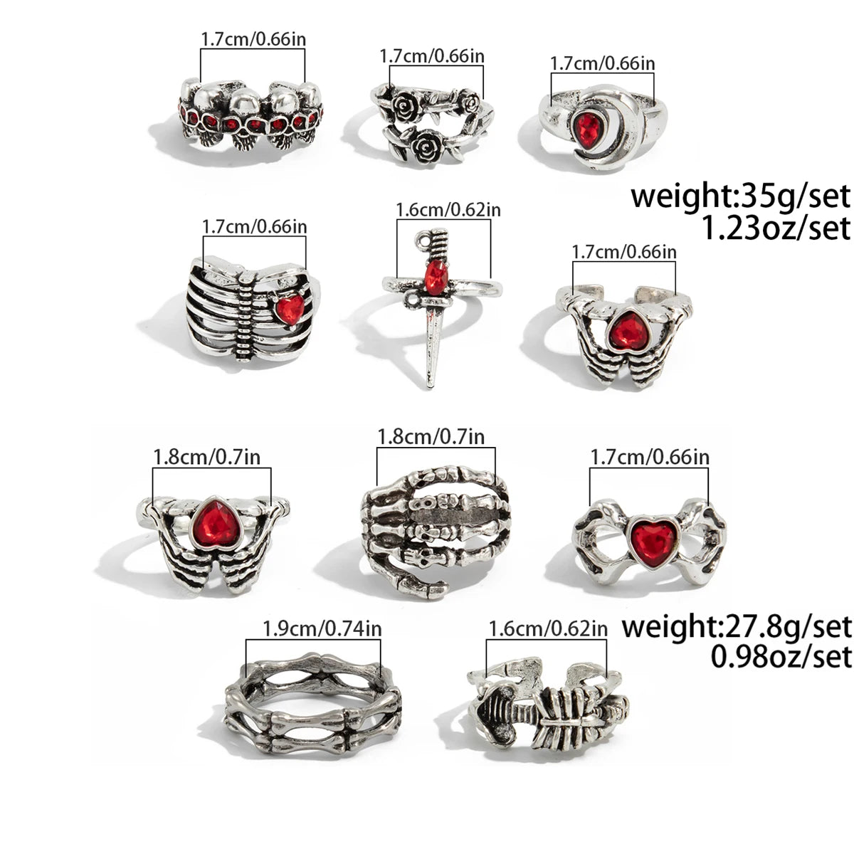 2 Styles Gothic Halloween Creative Skull Red Heart Rhinestone Open Rings Women Vintage Silver Color Finger Ring Jewelry