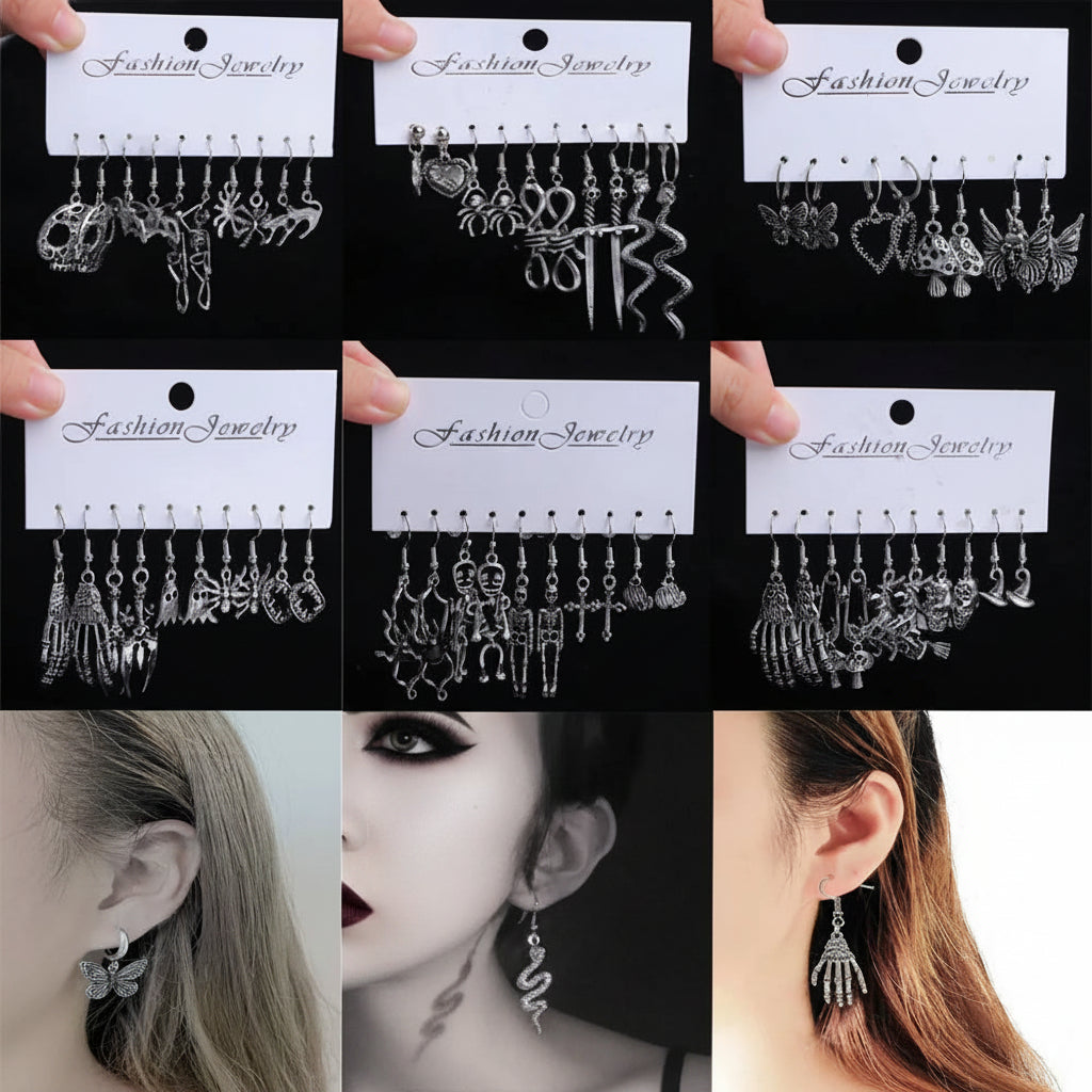 20Pairs/Lot Punk Gothic Skull Heart Drop Dangle Earrings for Women Female Retro Fashion Hip Hop Mix Style Jewelry Party Gifts