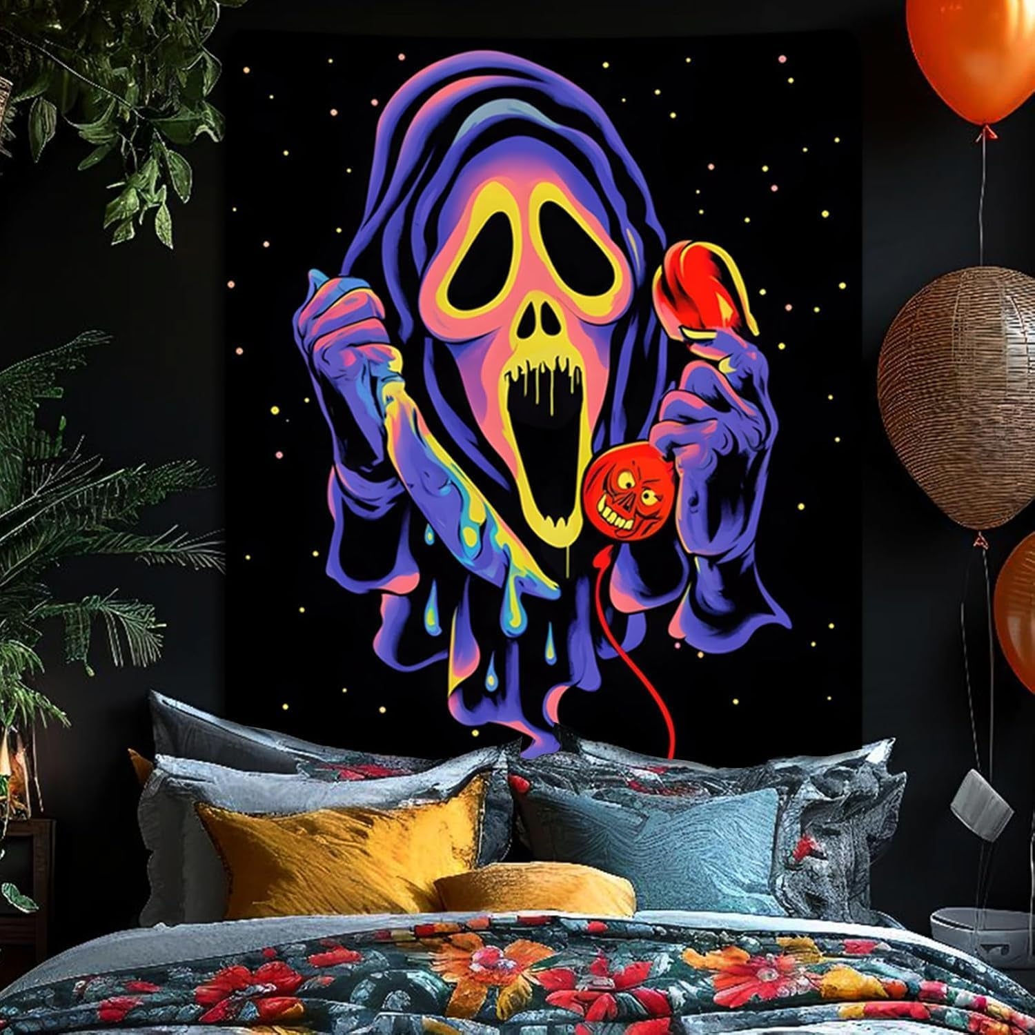Blacklight Horror Skull UV Reactive Tapestry - Neon Glow in the Dark Spooky Wall Hanging for Bedroom & Living Room, Perfect for Party Backdrops - 51" X 59"