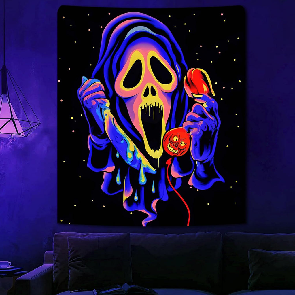 Blacklight Horror Skull UV Reactive Tapestry - Neon Glow in the Dark Spooky Wall Hanging for Bedroom & Living Room, Perfect for Party Backdrops - 51" X 59"