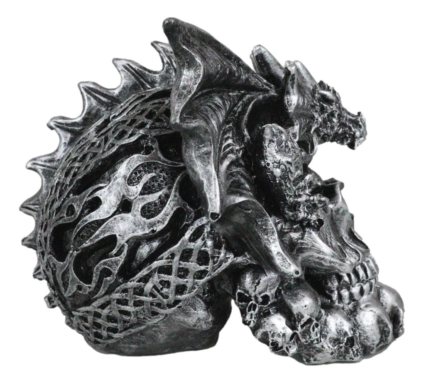 Flying Dragon on Ossuary Morphing Skull with Celtic Tribal Patterns Figurine