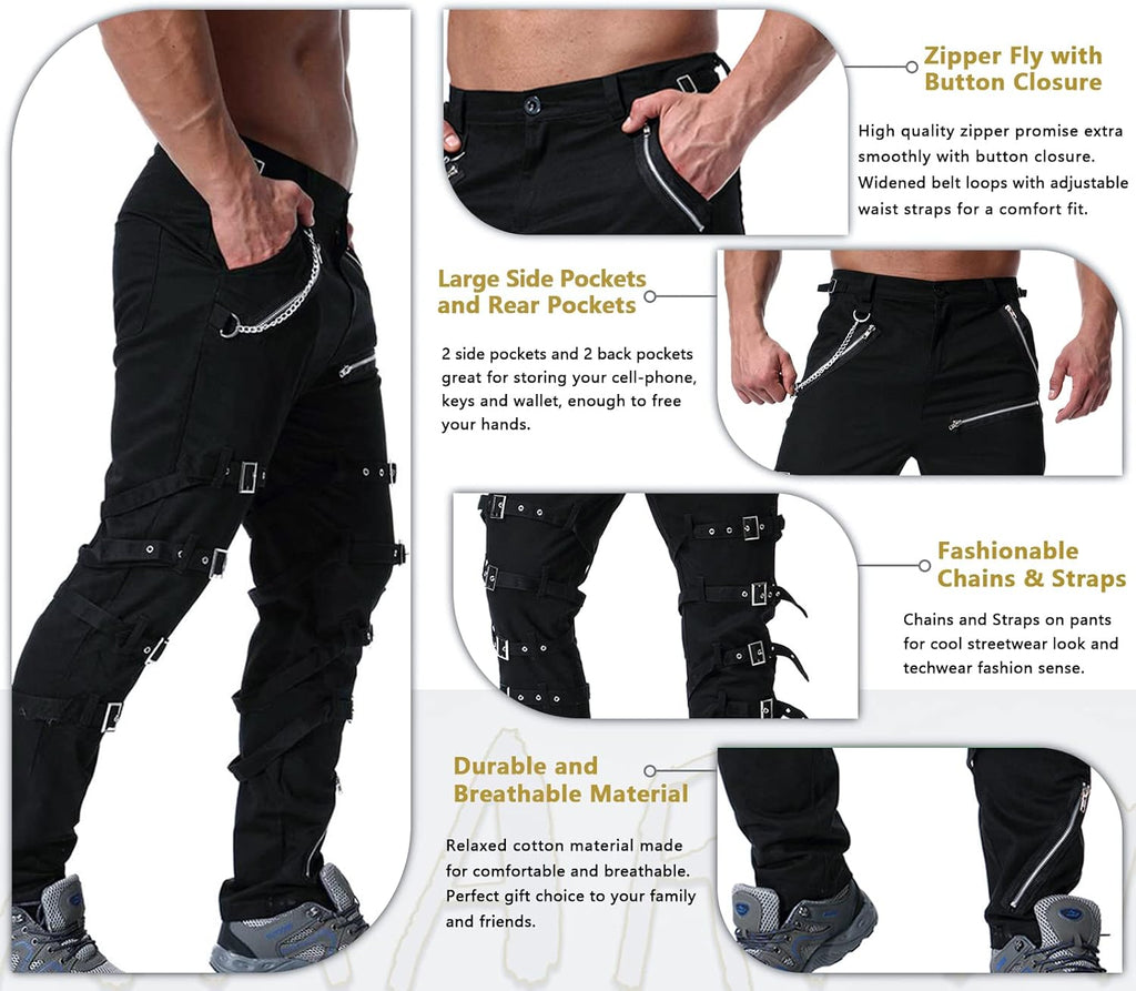 Men'S Fashion Hiphop Rock Punk Gothic Pants Techwear Sport Hiking Riding Cotton Casual Cargo Pants K013 Black 34