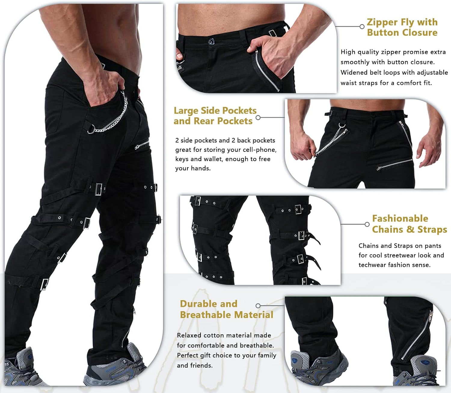 Men'S Fashion Hiphop Rock Punk Gothic Pants Techwear Sport Hiking Riding Cotton Casual Cargo Pants K013 Black 34