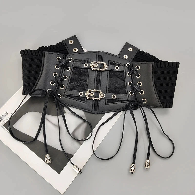 Ladies'S Retro Corset Belts Pin Buckle Elastic Lace & Gothic Style Cummerbunds Tie Rope Goth Punk for Women on Shirt Dress Belt