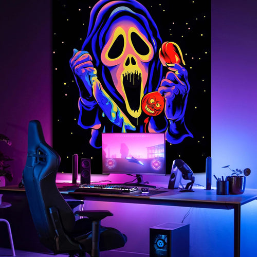 Blacklight Horror Skull UV Reactive Tapestry - Neon Glow in the Dark Spooky Wall Hanging for Bedroom & Living Room, Perfect for Party Backdrops - 51" X 59"