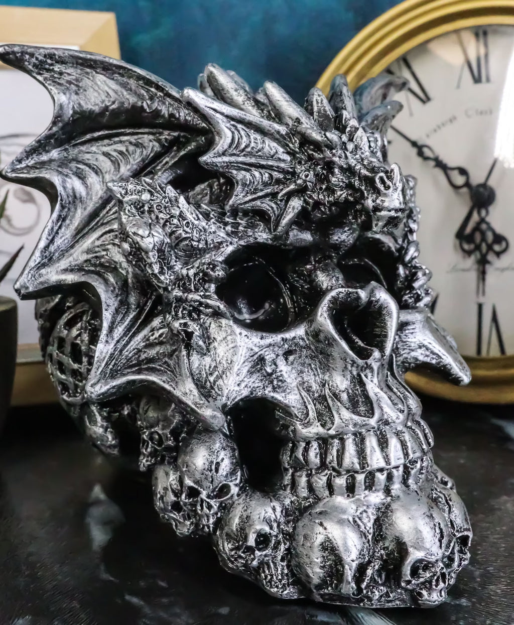 Flying Dragon on Ossuary Morphing Skull with Celtic Tribal Patterns Figurine