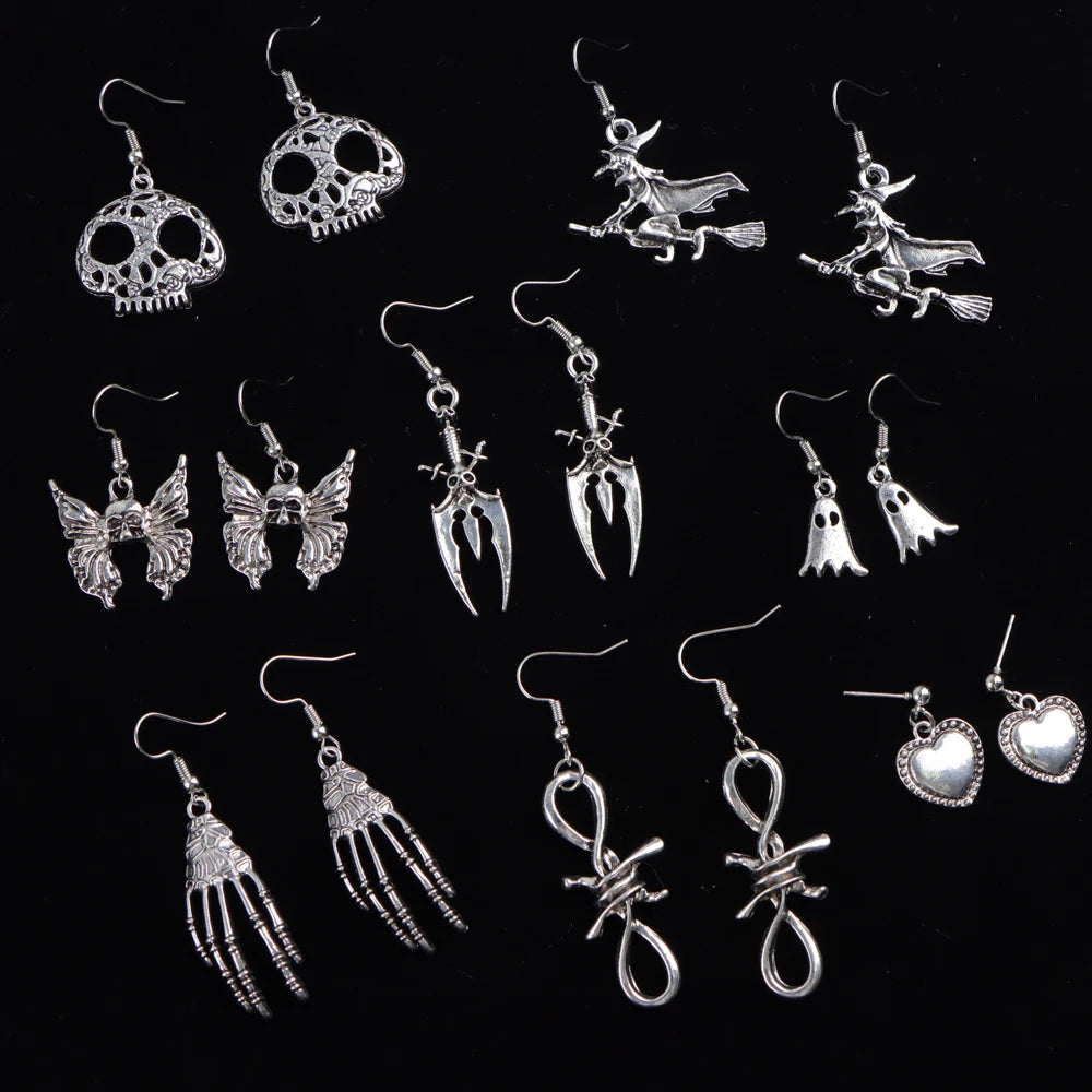 20Pairs/Lot Punk Gothic Skull Heart Drop Dangle Earrings for Women Female Retro Fashion Hip Hop Mix Style Jewelry Party Gifts