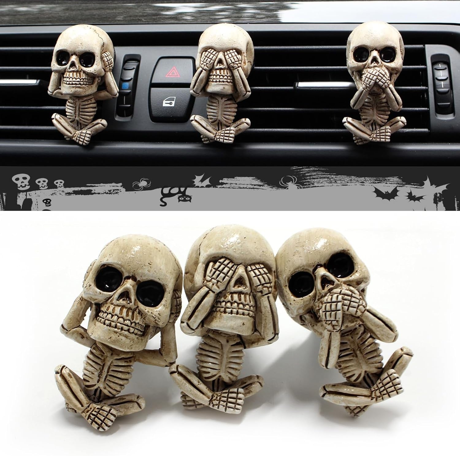 Skull Decor Car Air Freshener Vent Clips, Goth Decor Interior, Gothic Funny Decoration Halloween Horror Skeleton Car Accessories, Skull Stuff Spooky Gifts for Men Women Teens