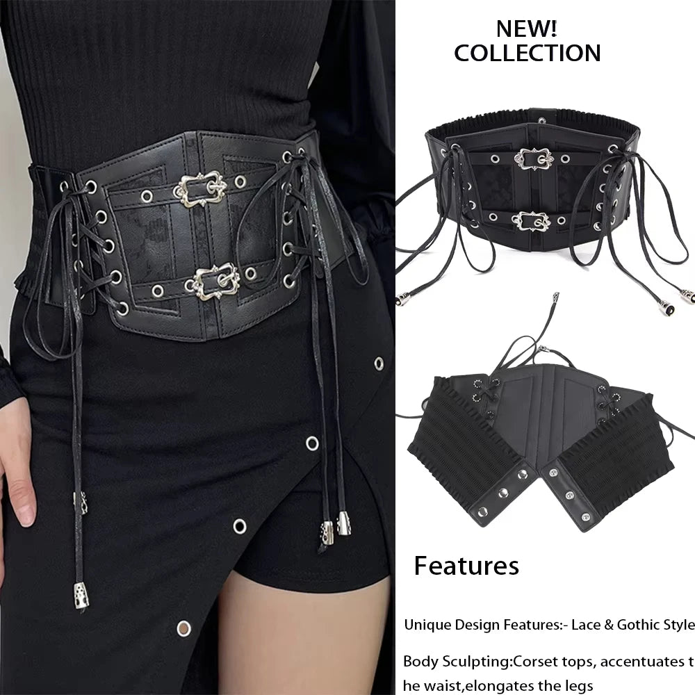 Ladies'S Retro Corset Belts Pin Buckle Elastic Lace & Gothic Style Cummerbunds Tie Rope Goth Punk for Women on Shirt Dress Belt