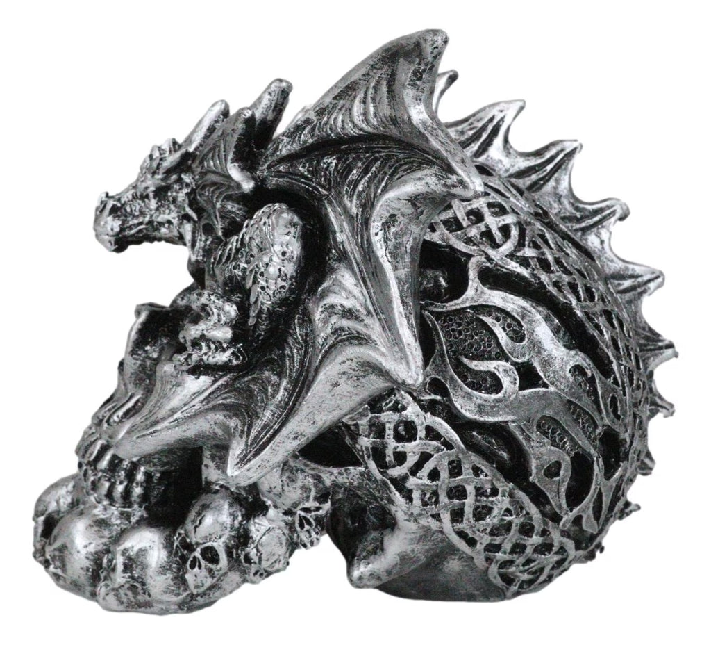 Flying Dragon on Ossuary Morphing Skull with Celtic Tribal Patterns Figurine