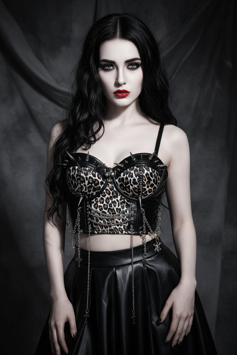 Women Gothic Lolita Punk Harajuku Leopard Goth Y2K Girl Cross Spike Trim Crop Tops Rivet Skeleton Metal Chain Steampunk Tank Top