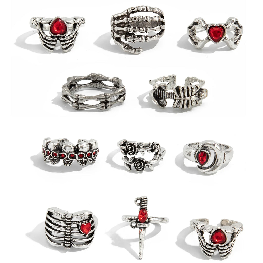 2 Styles Gothic Halloween Creative Skull Red Heart Rhinestone Open Rings Women Vintage Silver Color Finger Ring Jewelry