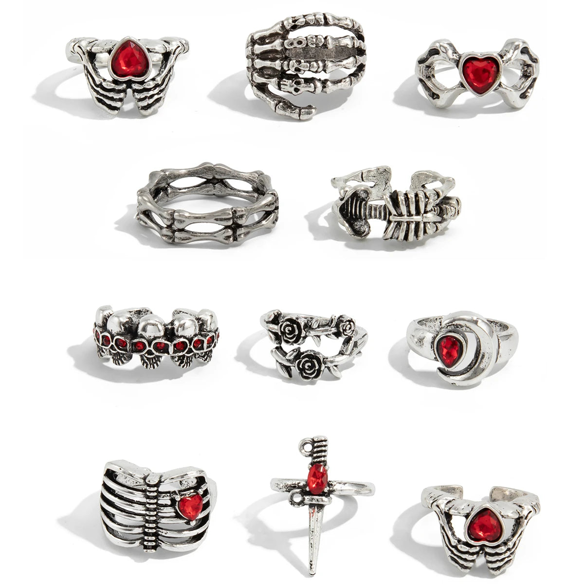 2 Styles Gothic Halloween Creative Skull Red Heart Rhinestone Open Rings Women Vintage Silver Color Finger Ring Jewelry