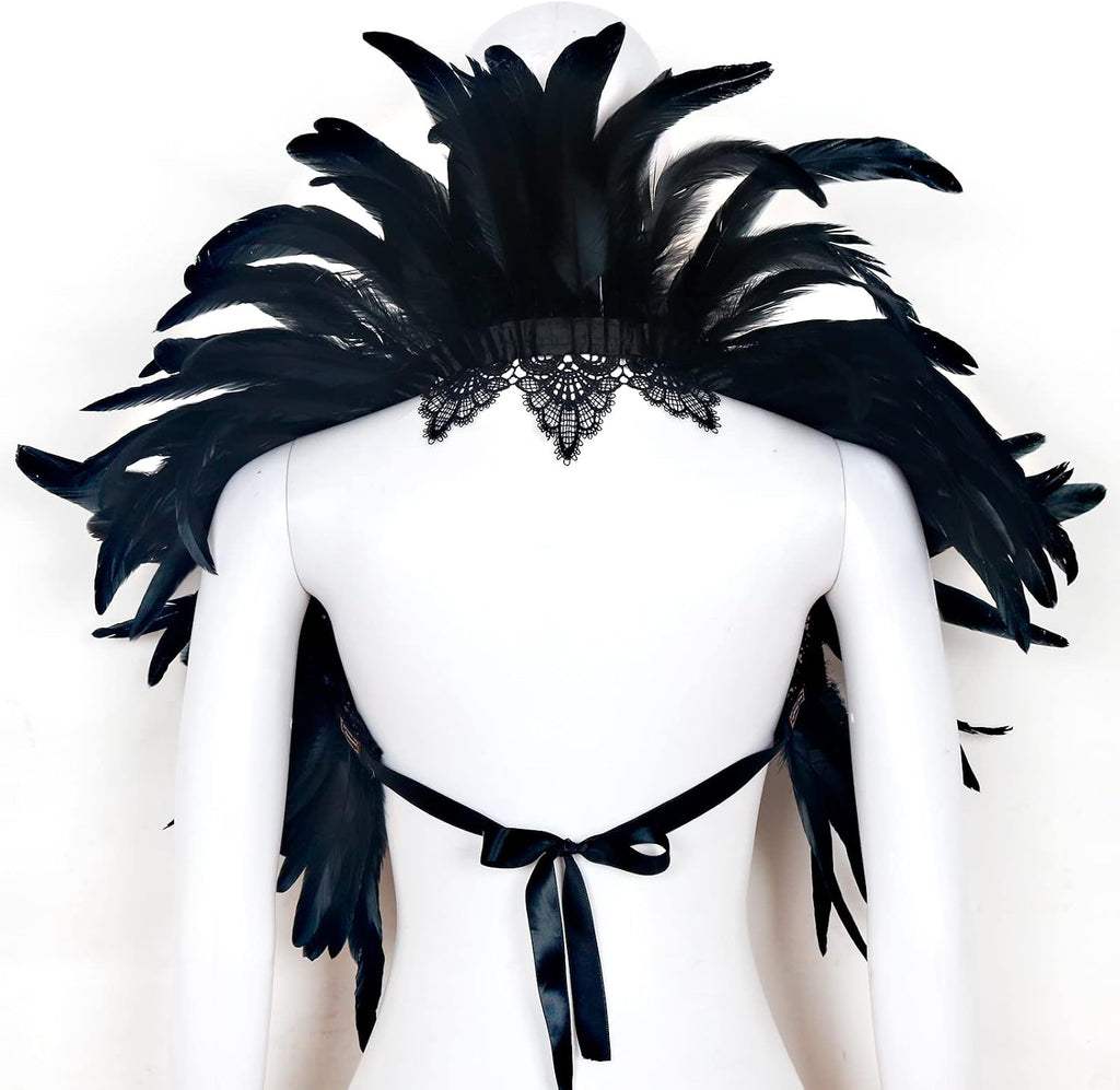 Black Feather Shrug Cape Shoulder Wrap Lace Collar Halloween Costumes for Women