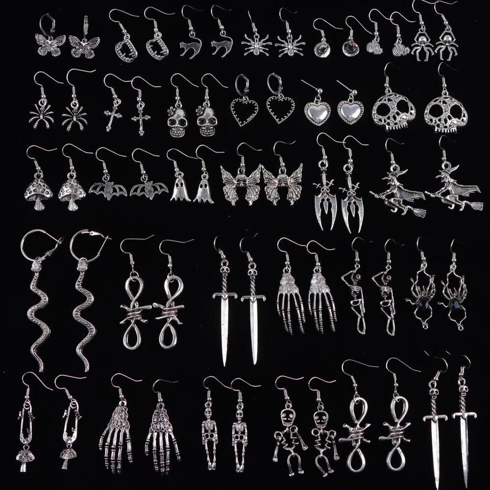 20Pairs/Lot Punk Gothic Skull Heart Drop Dangle Earrings for Women Female Retro Fashion Hip Hop Mix Style Jewelry Party Gifts