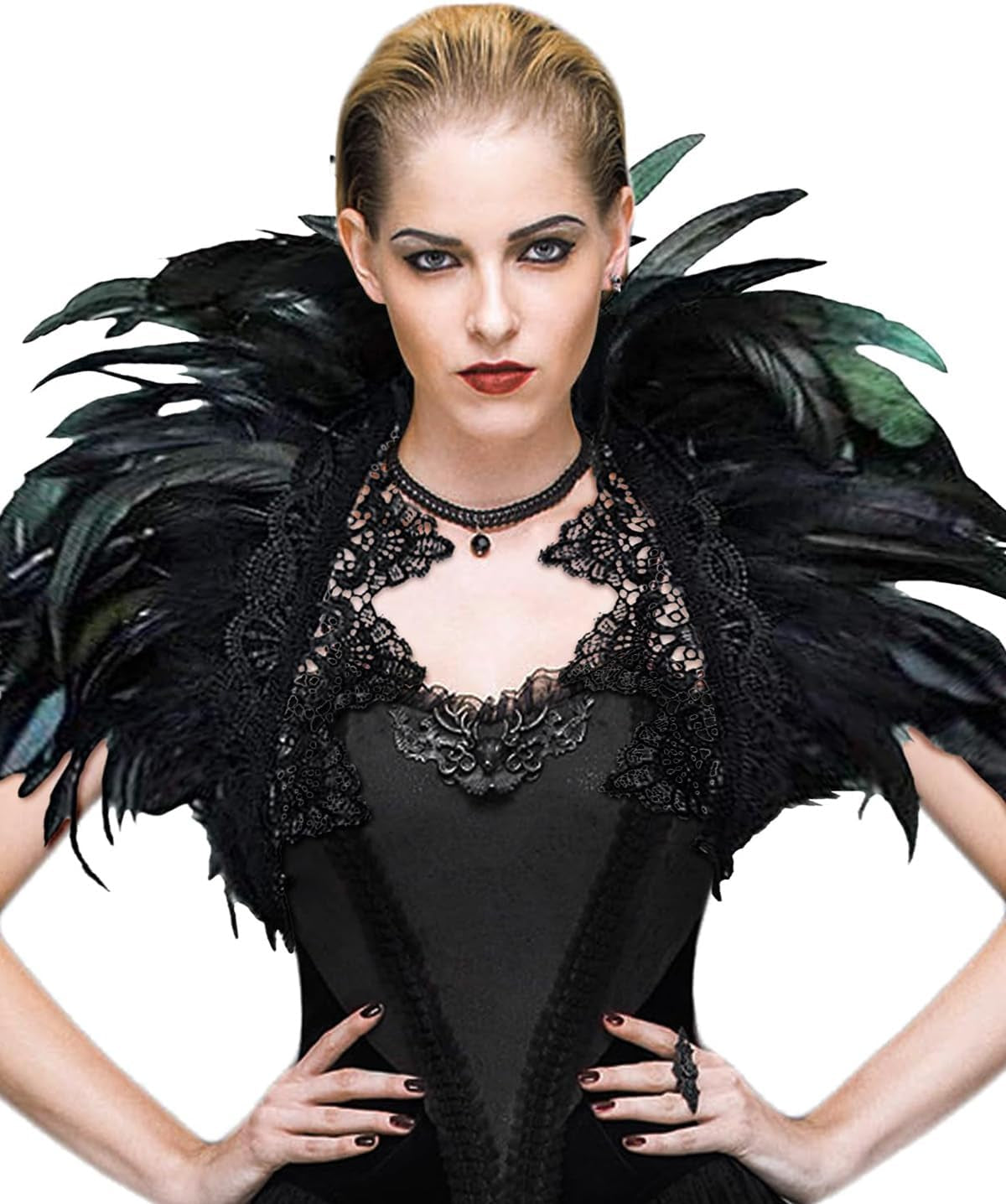 Black Feather Shrug Cape Shoulder Wrap Lace Collar Halloween Costumes for Women